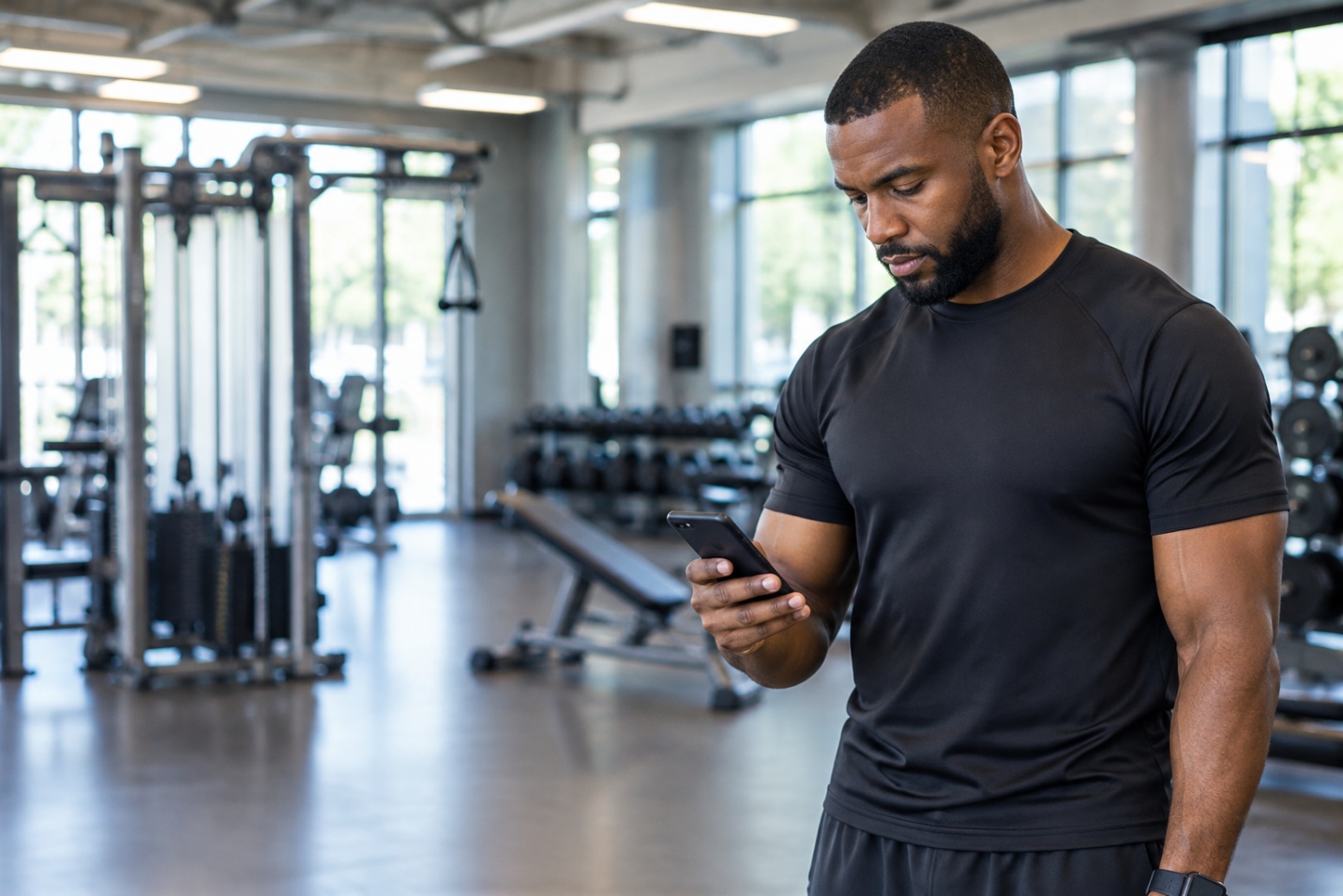A man in a gym checking his workout on his phone